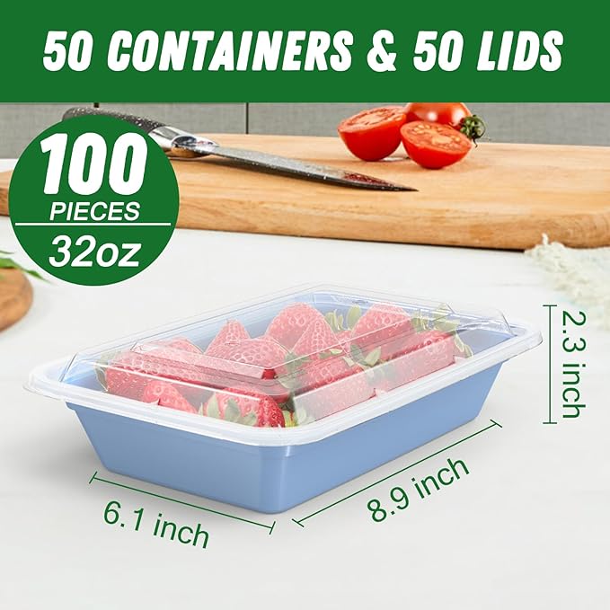 50 Pack (100-Piece) 32 oz Meal Prep Containers Reusable with Easy Open Lids, Sturdy Leakproof Food Safe, Microwave Freezer Dishwasher Safe, To Go Take Out Plastic Food Storage Pans with Lids, Blue