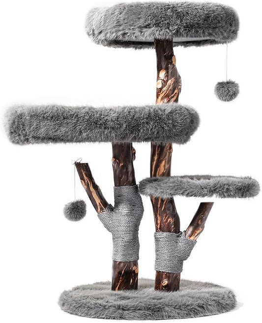 Aesthetic Cat Tree Tower for Large Cats, Large Cat Tree for Maine Coon Indoor Cats with Faux Fox Fur, Solid Wood Sisal Scratching Post, Perches, Platform & Toy Ball