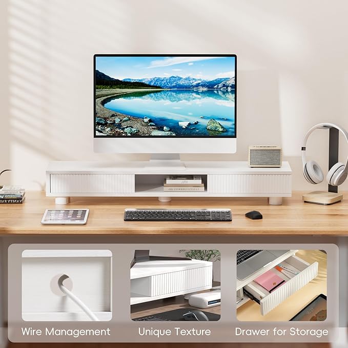 Artswish Dual Monitor Riser White for 2 Monitors, 2-tier Monitor Stand with Drawer,Computer Monitor Stand Riser with 2 Adjustable Feet,42.4 Inch Long Desk Shelf for Monitor, Printer, TV, White with Grey Texture