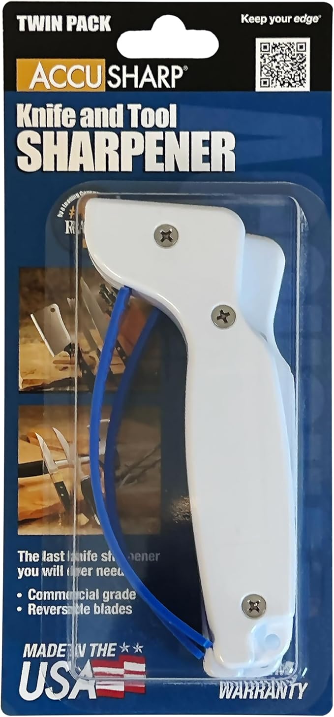 AccuSharp Hand-Held Carbide Blade Sharpener, Kitchen Knife and Chef Knife Sharpener, Professional Chef Grade Sharpening Tool, Restore and Hone Straight & Serrated Knives, 2-Pack, White