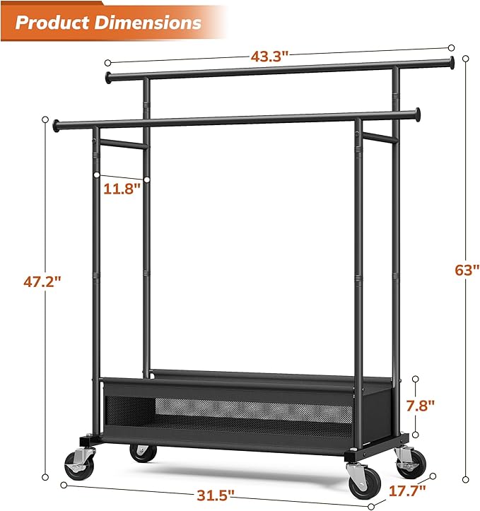 Clothes Rack, Double Rod Clothing Rack with Storage Bag & Sturdy Wheels, Metal Garment Rack for Closet Organizers and Storage, 43.3" W×17.7" D×63" H