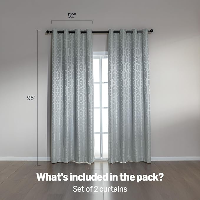 Amazon Basics Jacquard 2-Piece 100% Blackout Curtains, Living Room and Bedroom Drapes, Thermal Insulated Window Treatment, 52"x95", Light Grey
