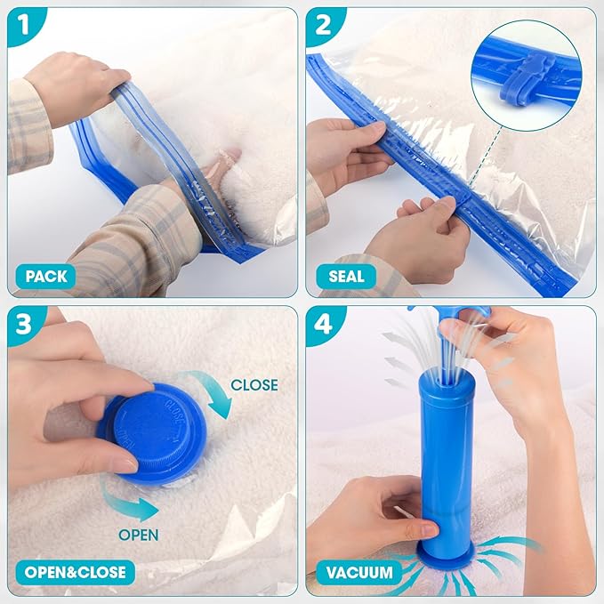 Vacuum Storage Bags with Hand Pump, 12 Jumbo Compression Space Saver Vacuum Seal Bags for Clothing, Travel, Luggage, Comforters, Blankets, Pillows, Bedding, Duvets