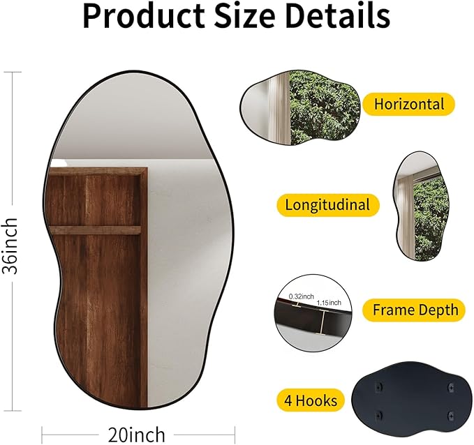 Wavy Wall Mirror -36''×20'' Irregular Wall Mirror Decorative Alloy Framed Mirrors Abstract Artistic Mirrors Wavy Mirror for Cloakroom/Bedroom/Living Room/Entryway（Black）