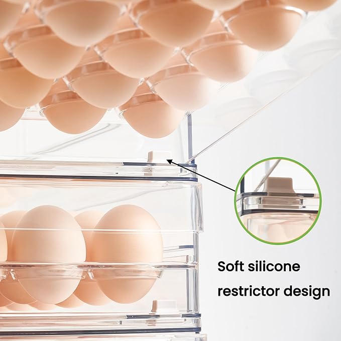 vacane 24 Capacity Egg Holder for Refrigerator Organizer Bins, BPA Free Egg Storage Container with Non-Slip Pads, Space-Saving Egg Tray for Fridge Drawer