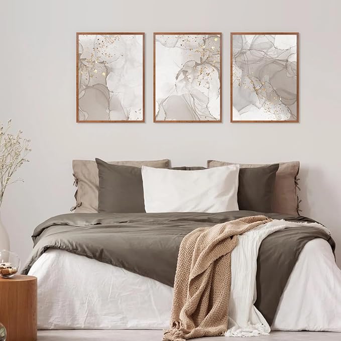 CHDITB Marble Framed Canvas Wall Art Set Of 3,Abstract Nordic Style Artwork Wall Decor, Modern Neutral Wall Painting, Grey Line Texture Art Prints For Bedroom Living Room Decor(12X16 Inch)