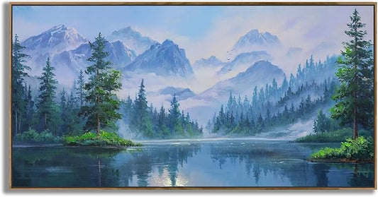 Ardemy Large Landscape Canvas Wall Art for Living Room Framed Lake Teal Pictures Bedroom Wall Decor Textured Misty Forest Scenery Paintings Artwork for Walls Home Office,40"x20"