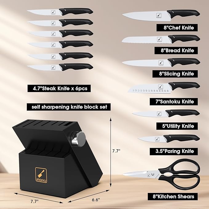 imarku Knife Set with Block, Sharp Knives Set with Built-in Sharpener, Stainless Steel Kitchen Knife Sets with Non-Slip Ergonomic Handle, Dishwasher Safe, 14 PCS Professional Knife Set for Gift, Black