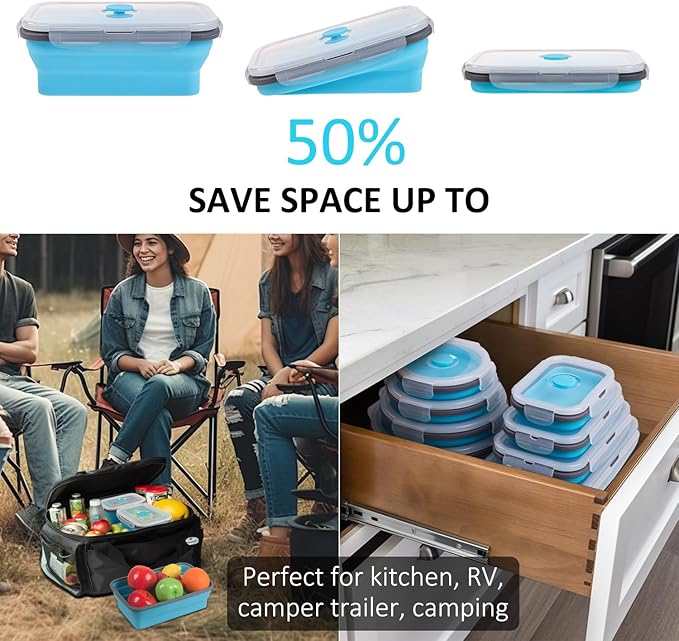 8 Pack Collapsible Food Storage Containers with Lids, Silicone Collapsible Food Containers, Collapsible Storage Containers Sets for Snack Camping RV, Microwave Freezer Dishwasher Safe, Blue