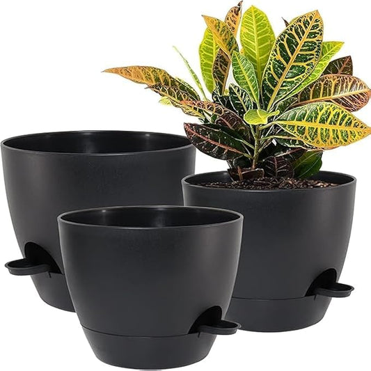 10/9/8 inch Self Watering Pots, Set of 3 Plastic Planters with Mesh Drainage Holes and Deep Reservoir for Indoor Outdoor Garden Plants and Flowers, Black