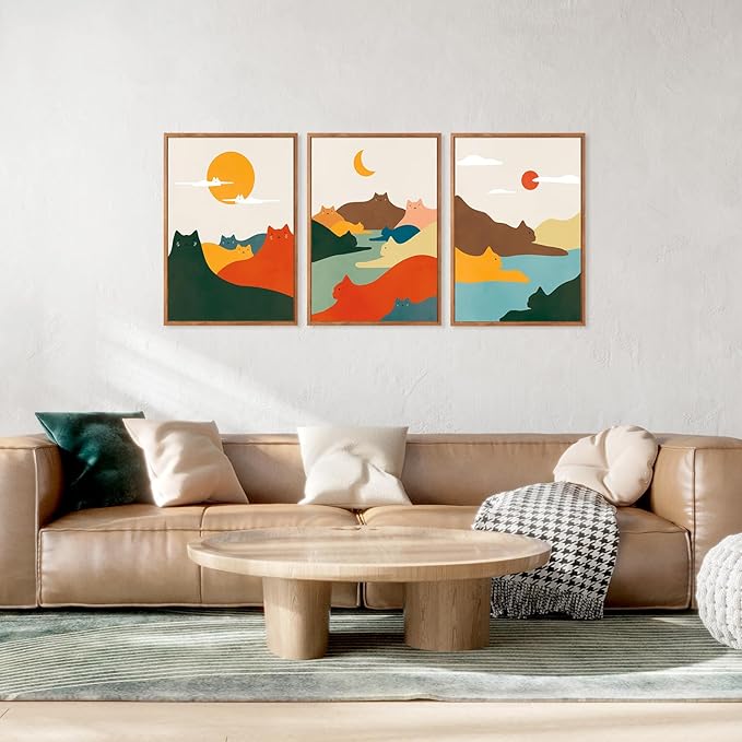 CHDITB Mountain Cats Framed Canvas Wall Art Set Of 3, Abstract Line Nature Landscape Wall Decor, Neutral Animal Wall Painting, Midcentury Modern Art Prints For Cat Lovers Living Room Decor-12 X16
