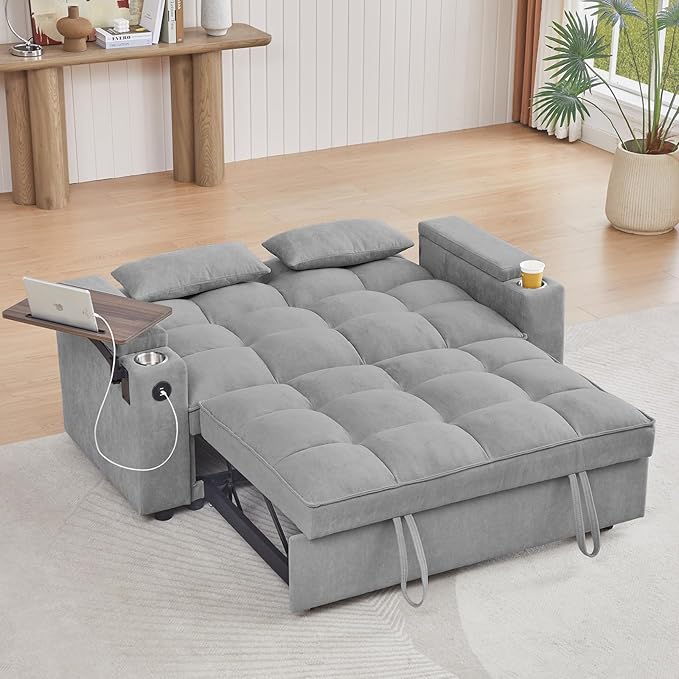 65'' Convertible Sleeper Sofa Bed with Adjustable Backrest, Chaise Lounge, Side Table & USB/Type-C Ports – Stylish & Functional Addition to Any Living Room (Light Grey)