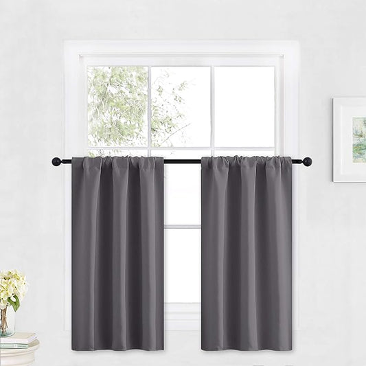 RYB HOME Blackout Tier Curtains for Kitchen, Solid Half Window Curtain Tiers for Bedroom Energy Saving Privacy Shade for RV Camper Bathroom Basement, Width 29 x Length 30 inches, Grey, 2 Pieces