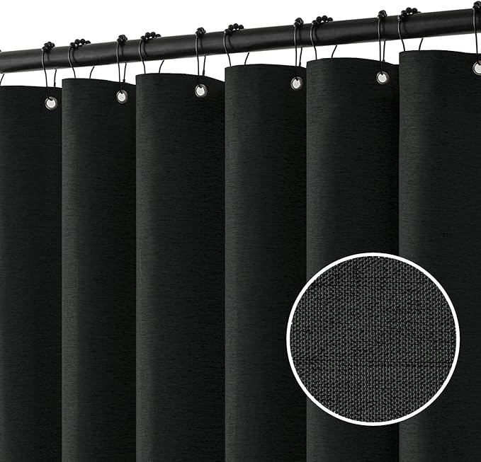 MIULEE Extra Long Linen Shower Curtain 90 Inches Long with 12 Metal Hooks Washable Fabric Curtain Set Waterproof Neutral Thick Cloth Shower Curtains for Bathroom Hotel Bathtub, Black