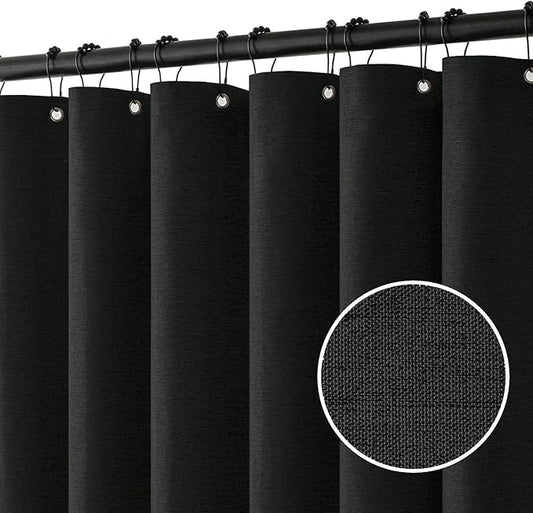 MIULEE Extra Long Linen Shower Curtain 90 Inches Long with 12 Metal Hooks Washable Fabric Curtain Set Waterproof Neutral Thick Cloth Shower Curtains for Bathroom Hotel Bathtub, Black