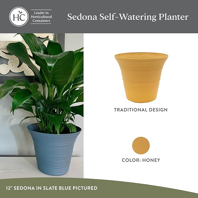 The HC Companies 16 Inch Sedona Round Self Watering Planter Pots, Lightweight UV-Resistant Plastic Outdoor Planters, 2-Pack Flower Pots for Garden & Home Decor, Honey