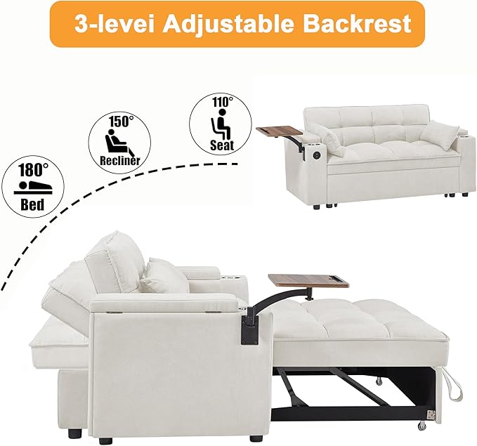65'' Convertible Sleeper Sofa Bed with Adjustable Backrest, Chaise Lounge, Side Table & USB/Type-C Ports – Stylish & Functional Addition to Any Living Room (White)