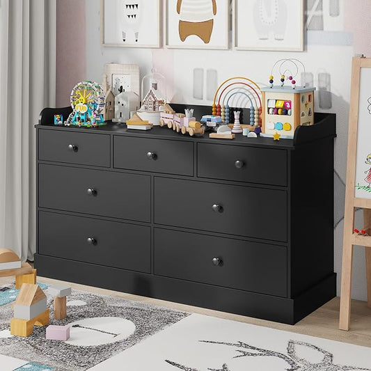 Vabches Kids Dresser Cabinet with 7 Drawers, Changing Table for Nursery, White Chest of Drawers, Baby Dresser, Kids Bedroom Furniture, Nightstand for Child’s Room, Black