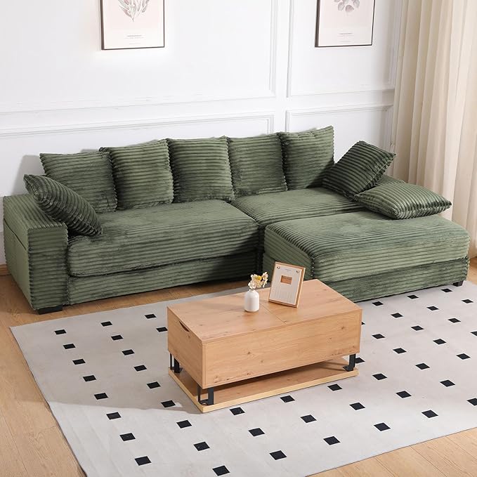 108" Oversized Sectional Sofa Modular Deep Seat Sofa Couch with Storage Ottoman, Comfy Upholstered Cloud Couches with 8 Pillows, Modern L-Shaped Corduroy Sofa Chaise for Living Room, Light Green