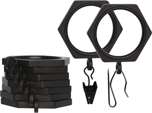 BlastHome® Luxury Curtain Rings - Premium Metal with Quiet, Smooth Nylon Inserts - Pinhooks and Clips Included - 1 1/2" Inside Diameter - 9 Rings for One Standard Curtain - Brushed Dark Brown