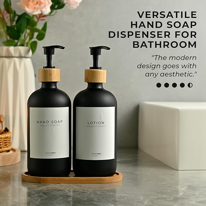 Maisonovo Glass Soap Dispenser Bathroom Set | Hand Soap and Dish Soap Dispenser Set | 16.9oz Amber Bottles with Black Bamboo Pump | Bathroom Lotion Dispenser Set of 2