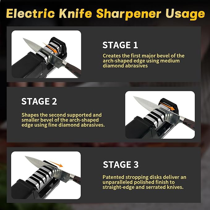 Electric Knife Sharpener for Kitchen – Professional 3-Stage 100% Diamond System with 20° Precision Angle, Fast Sharpening to Restore & Polish Chef Knives(Black)