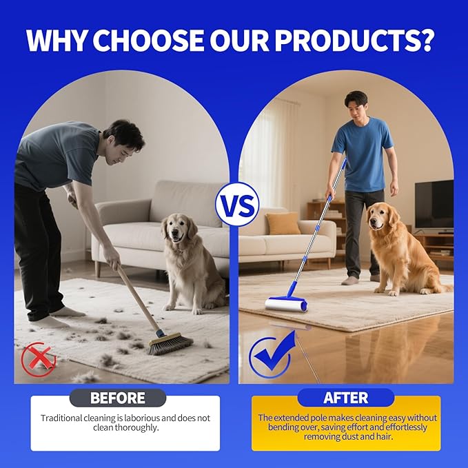 9.84" Large Extra Sticky Lint Roller, 58.3" Long Handle Lint Remover with 7 Rollers for Clothes, Cat Dog Pet Hair, Furniture, Couch, Carpet, Floor，Painted Wall Cleaner Mop Dust Cleaning