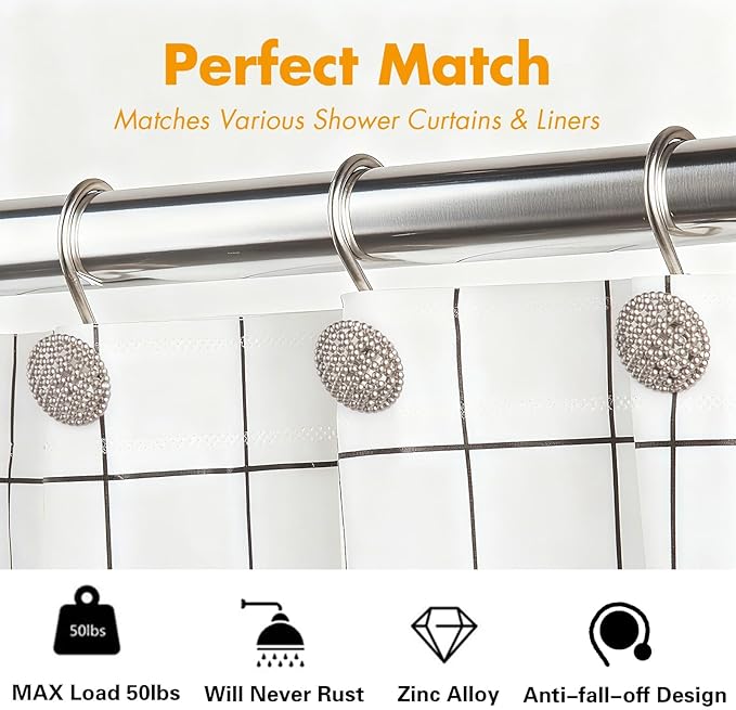 Pearlbee Nickel Shower Curtain Hooks, Rust Proof Shower Curtain Rings for Bathroom, Metal Shower Hooks for Shower Curtain Rod, Modern Decorative Shower Curtain Hangers Set of 12