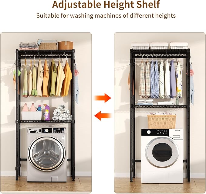 Over Washer and Dryer Shelves,2 Tier Adjustable Height Wire Shelving Laundry Room Storage Organization Clothes Drying Rack with Hanger Rod&Hooks,Space Saving Organizers Shelf,Black