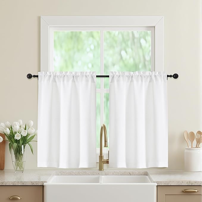 White Kitchen Curtains 36 Inch Length 2 Panels, Light Filtering Farmhouse Faux Linen Textured Short Curtains for Windows, Small Curtain Tier for Cafe Cabinet Bathroom RV Camper, 30Wx36L Inch