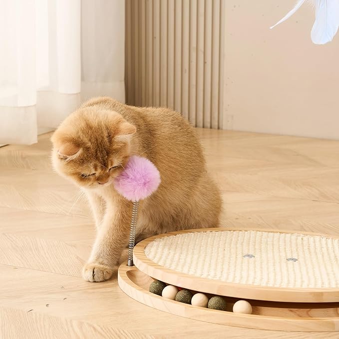 SHENGOCASE Cat Tree Scratching Post Scratcher, 26 Inch Tall, Solid Wood Base,Sisal Rope, Interactive Ball Track and Spinning Wand Feather Toys, Scratch Pad