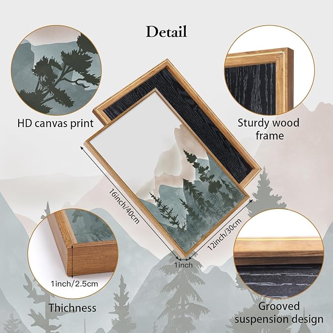 CHDITB Mountain Framed Wall Art Set Of 3,Mountains Woodland Artwork Foggy Forest Wall Decor, Pine Trees Wall Painting,Watercolor Nature Art Prints For Bedroom Living Room Decor(12X16 Inch)
