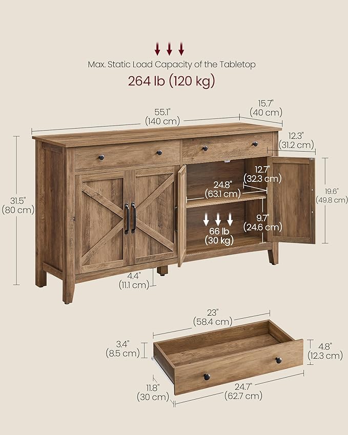 VASAGLE LIRY Collection - Buffet Cabinet, Coffee Bar Cabinet with 2 Drawers, Adjustable Shelves, Sideboard Storage with Cable Holes, Drawer Dividers, Honey Brown UBBK381K01