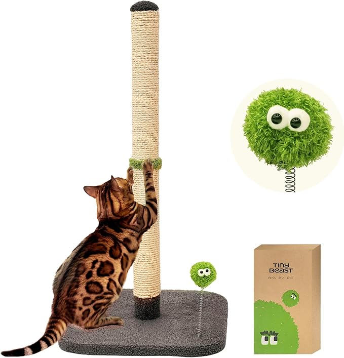 TINYBEAST 34" Tall Cat Scratching Post, Cat Scratcher Featuring Natural Sisal Rope, Cat Tree with Interactive Plush Toy Ball and Stable Base for Indoor Large Adult Cats & Kittens