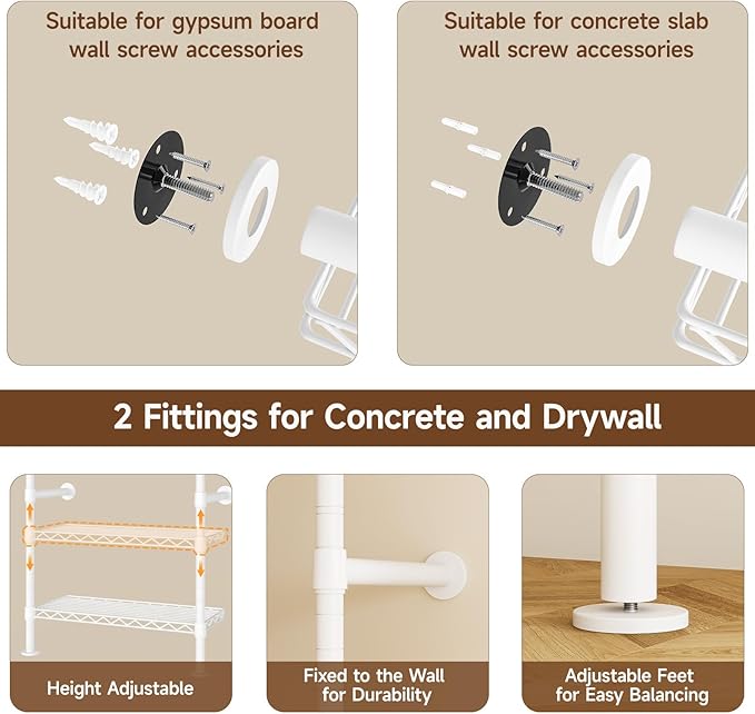 U5 Wall Mounted Closet System, Industrial Pipe Clothing Rack Garment Racks for Hanging Clothes, Heavy Duty Closet Organizers System in Wardrobe Closet, White