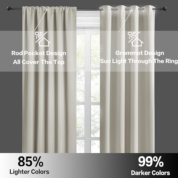 RYB HOME Curtains for Bedroom 63 inches Long, Blackout Thermal Insulating Window Treatment Drapes for Living Room Bathroom Basement Laundry Classroom, W 34 x L 63, Natural, 2 Panels