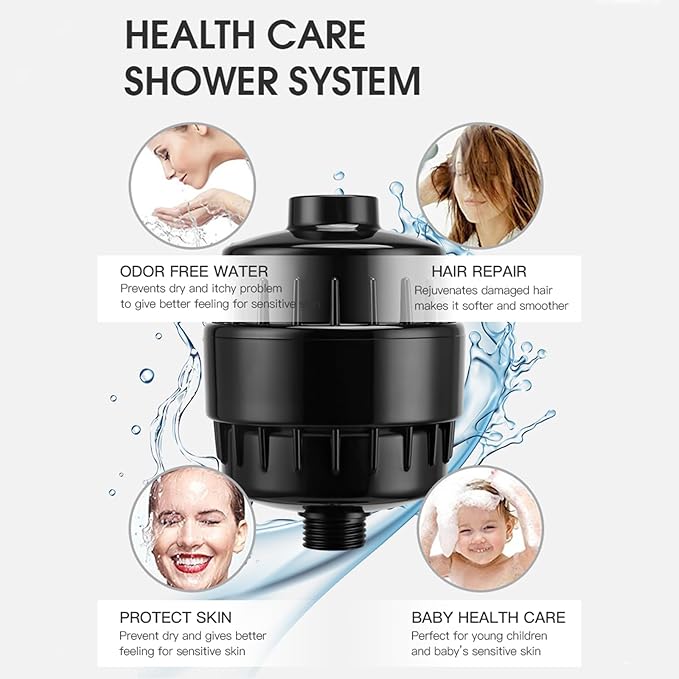 20 Stage Shower Filter Universal with Replaceable Water Filter,Bathroom shower filter head for hard water,Removing Chlorine and fluoride,Black