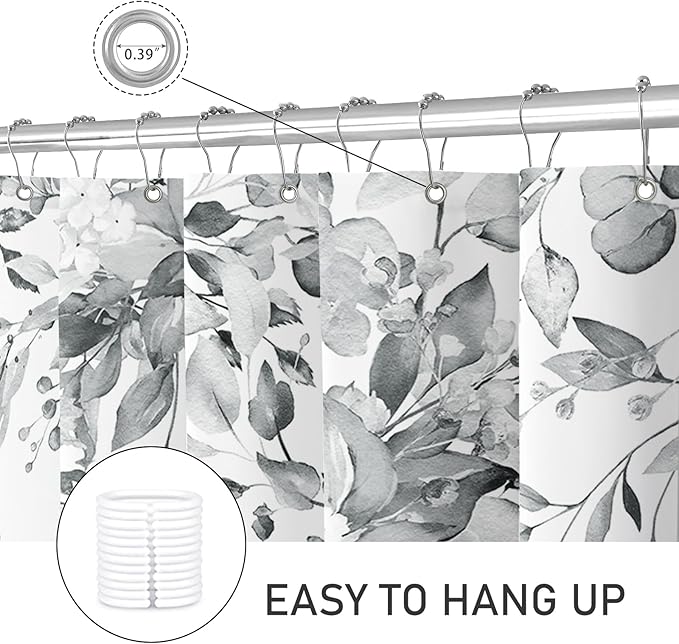 Extra Long Eucalyptus Shower Curtain 72 x 96 Inch, Grey Botanical Floor to Ceiling X-Long Shower Curtain, Watercolor Plant Leaves with Floral Decorative Bathroom Curtain with Hooks