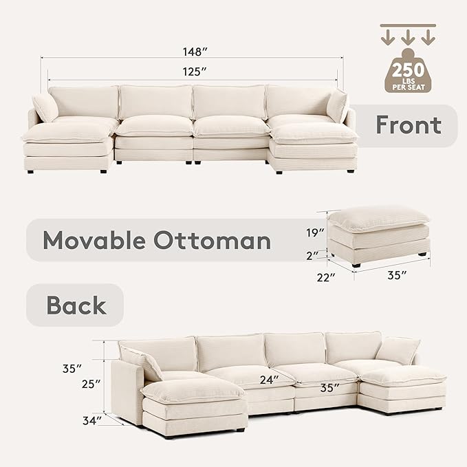 ROWHY 148'' Sectional Cloud Couch with 2 Ottomans, Oversized 4 Seat Sleeper Sofa with 2 Throw Pillows, Convertible Upholstered U Shaped Cozy Sofa Furniture Set for Living Room and Office, Beige