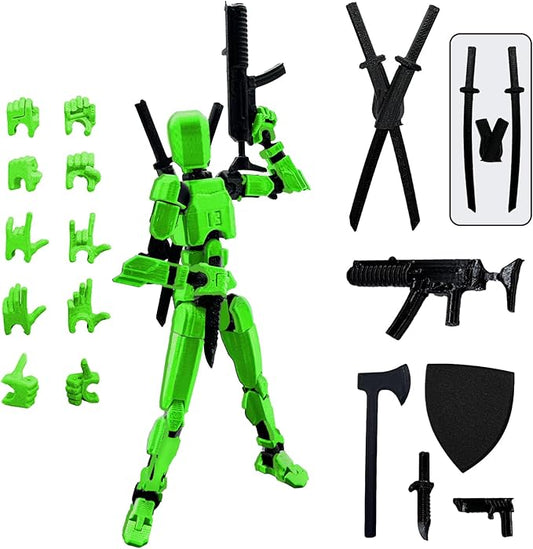(Assembly Completed) 3D Printed Figure 5.54-inch Dummy13 with Weapon Expansion Set, Full Body Mechanical Movable Toy, Desk Decoration. (Green)