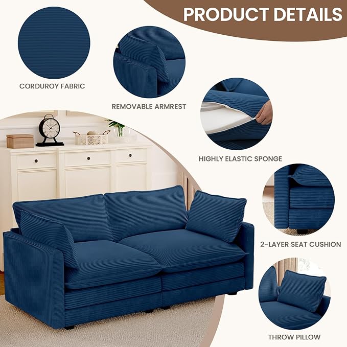 ROWHY 78'' Sectional 2 Seat Cloud Loveseat with 2 Throw Pillows, Modern Corduroy Love Seat, Convertible Cozy Sofa for Living Room, Bedroom and Office, Blue