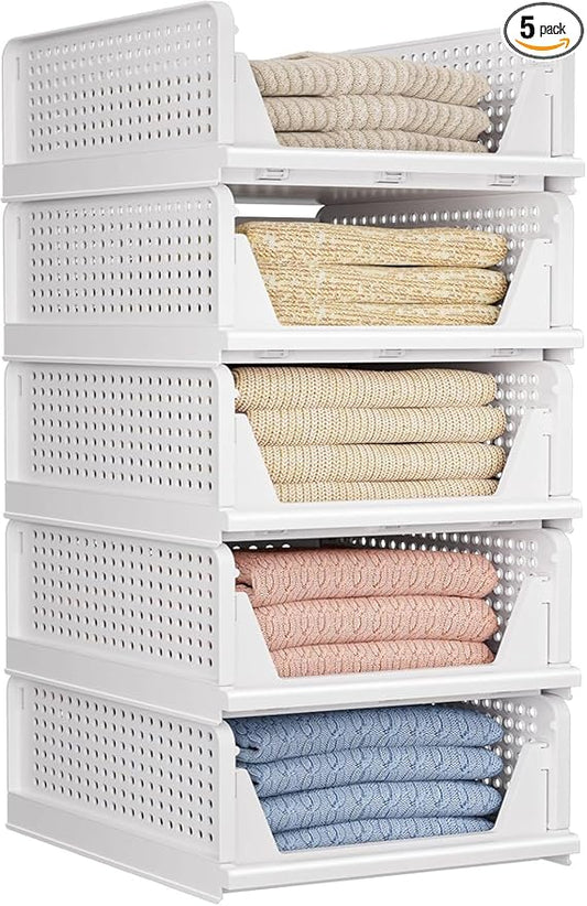 CTSNSLH 5 Pack Closet Organizers Storage Box, Closet Storage Stackable Storage Bins, Plastic Drawer Basket for Wardrobe Cupboard Kitchen Bathroom Office, White