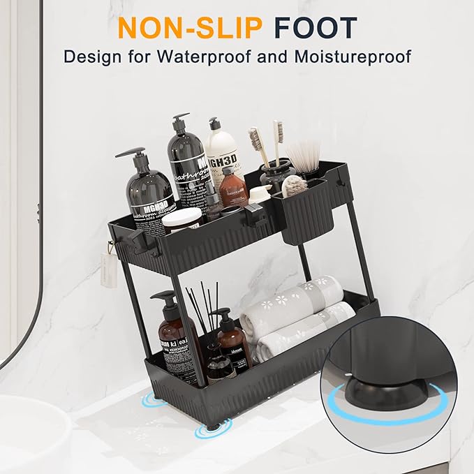 2 Pack Under Sink Organizer, Under Bathroom Cabinet Organizer with Hooks Hanging Cup, Multi-Purpose Storage Shelf for Kitchen Bathroom (Black, XL)