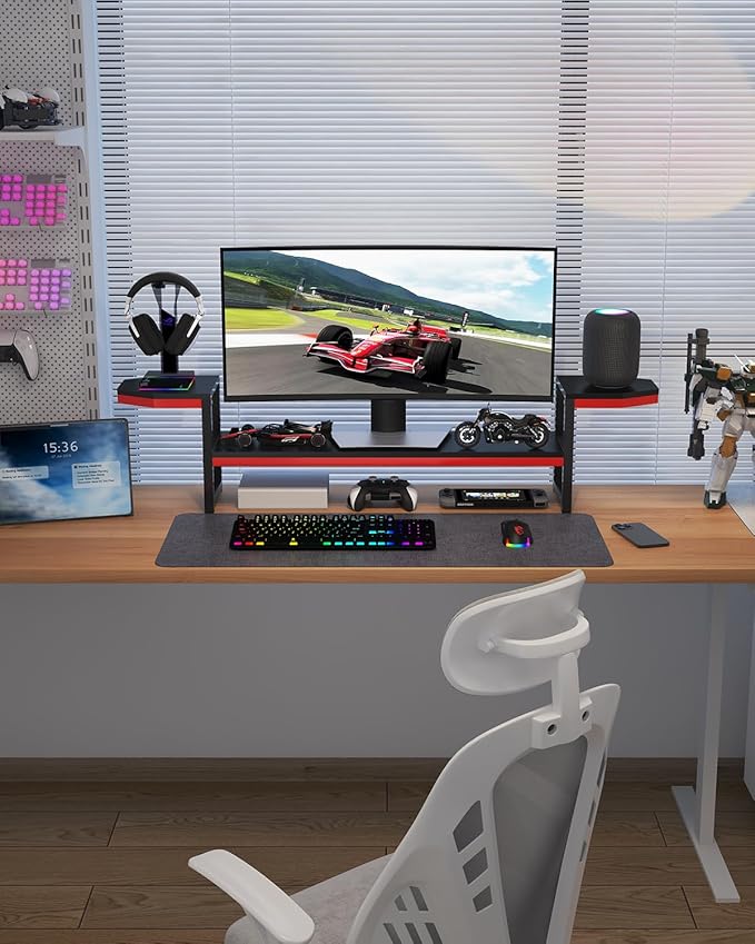 Monitor Stand for Desk,Wood and Steel Monitor Stand Riser with Side Storage shelf,Height Adjustable Computer Monitor Stand,Long Desk Shelf Organizer for Computer/Laptop/PC/Printer, Black+Red