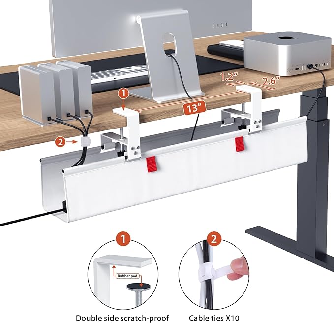 Univivi No Drill Under Desk Cable Management Tray, 28" Cord Organizer for Table, Clamp/Screw Mount Desk Cable Management, Premium Fabric Cable Management Tray for Office, Home