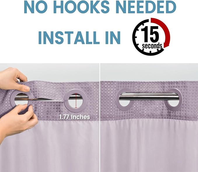 Lavender Long No Hook Shower Curtain with Snap in Liner,230GSM Waffle Weave Shower Curtains for Bathroom,71W x 86H