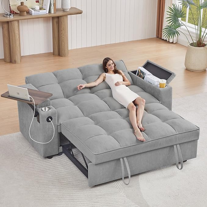 65'' Convertible Sofa Bed 3-in-1 Pull Out Couch, Folding Sleeper Sofa with 360° Swivel Side Table, Modern Chenille Fabric Futon, Small Space Living Room Furniture, Easy Assembly