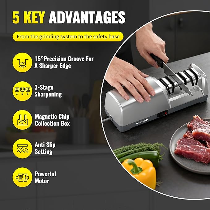 Knife Sharpener Electric for Kitchen - Kitchen Knife Sharpener 3-Stage - 15-Degree EdgeSelect Angle - Knife Sharpeners 100% Diamond Abrasive - Fast Sharpening, Repair, Restore, Polish (Silver)