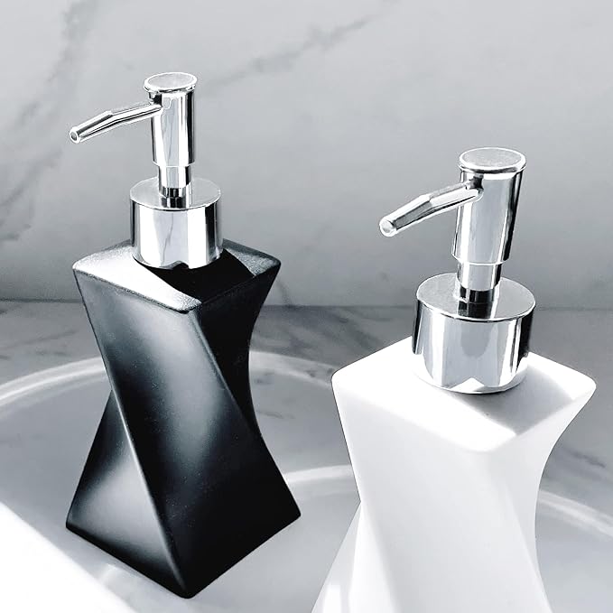2 Pack Modern White & Black Soap Dispenser Set with Silver Pump for Bathroom and Kitchen, Contemporary Art Style, Matte Finish, Rust Proof, 8.5oz