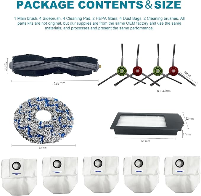 16Pack Replacement Parts Compatible with ECOVACS DEEBOTX1 Omni / X1TURBO / X1 Plus /T10 Omni Robotic Vacuum Cleaner Accessories, 1 Roller Brush 2 HEPA Filters 5 Dust Bags 4 Side Brushes 4 Mop Pads